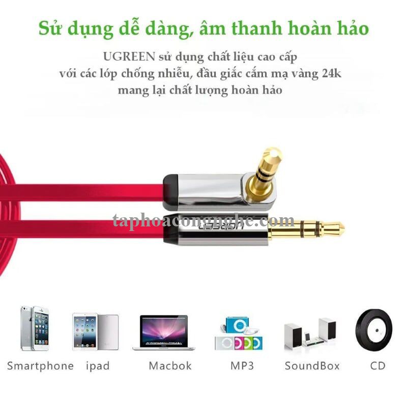 Ugreen 10797 0.5M Đỏ Cáp âm thanh 2 đầu 3.5mm dương chữ L dây dẹt AV119 30010797